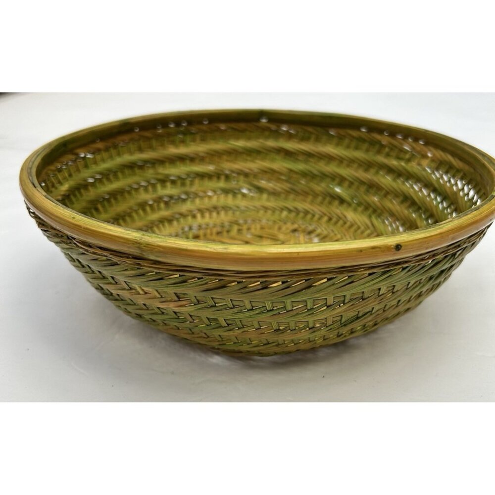 Vintage Wooden Woven Rattan Bowl Green Yellow Boho Rustic Coastal Home Decor